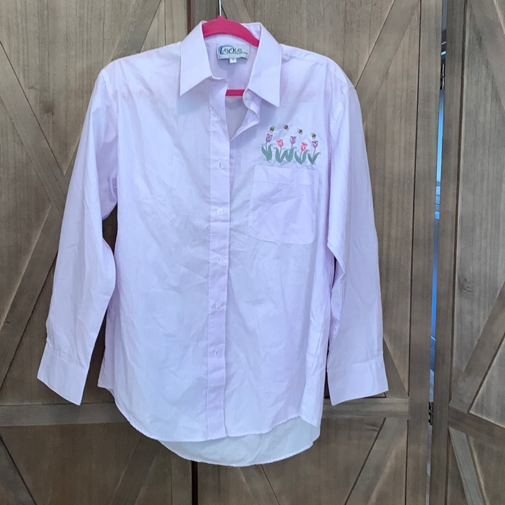Vintage Dress Blouse - White with purple stripes embroidered tulips honey bees